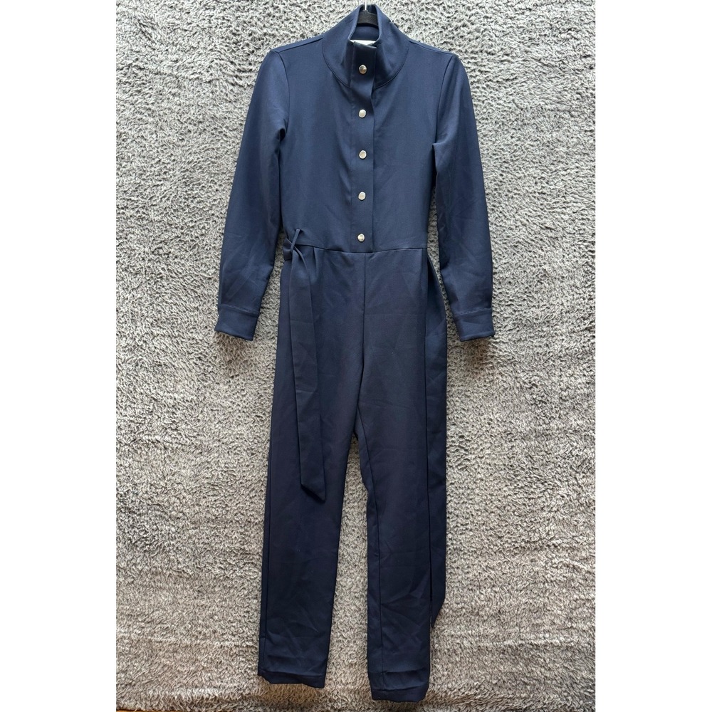 Septem High Neck Long Sleeve Belted Straight Leg Jumpsuit Navy Blue Women Size 1
